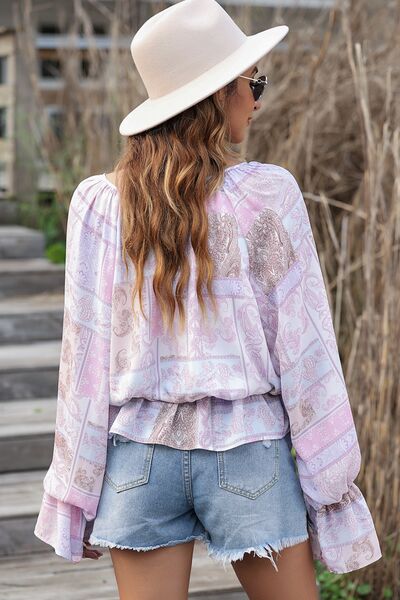 Printed Tie Neck Flounce Sleeve Blouse - Women’s Clothing & Accessories - Shirts & Tops - 3 - 2024