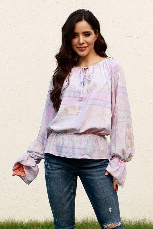 Printed Tie Neck Flounce Sleeve Blouse - Women’s Clothing & Accessories - Shirts & Tops - 9 - 2024