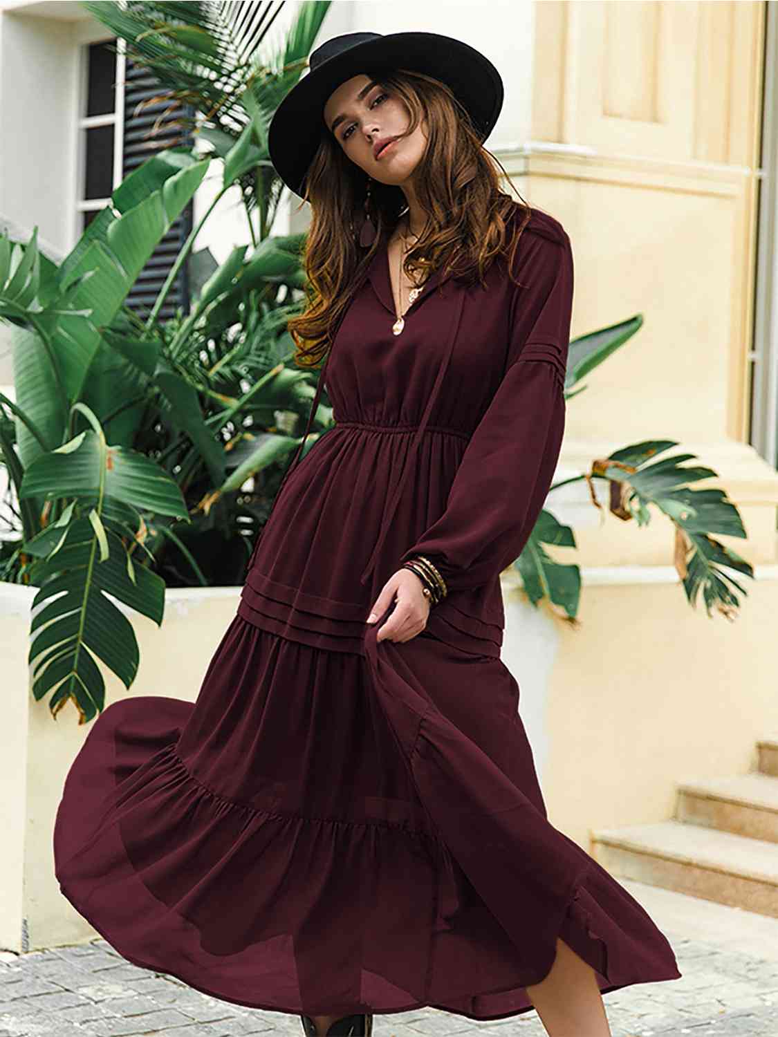 Tie Neck Long Sleeve Midi Tiered Dress - Wine / S - All Dresses - Dresses - 15 - 2024