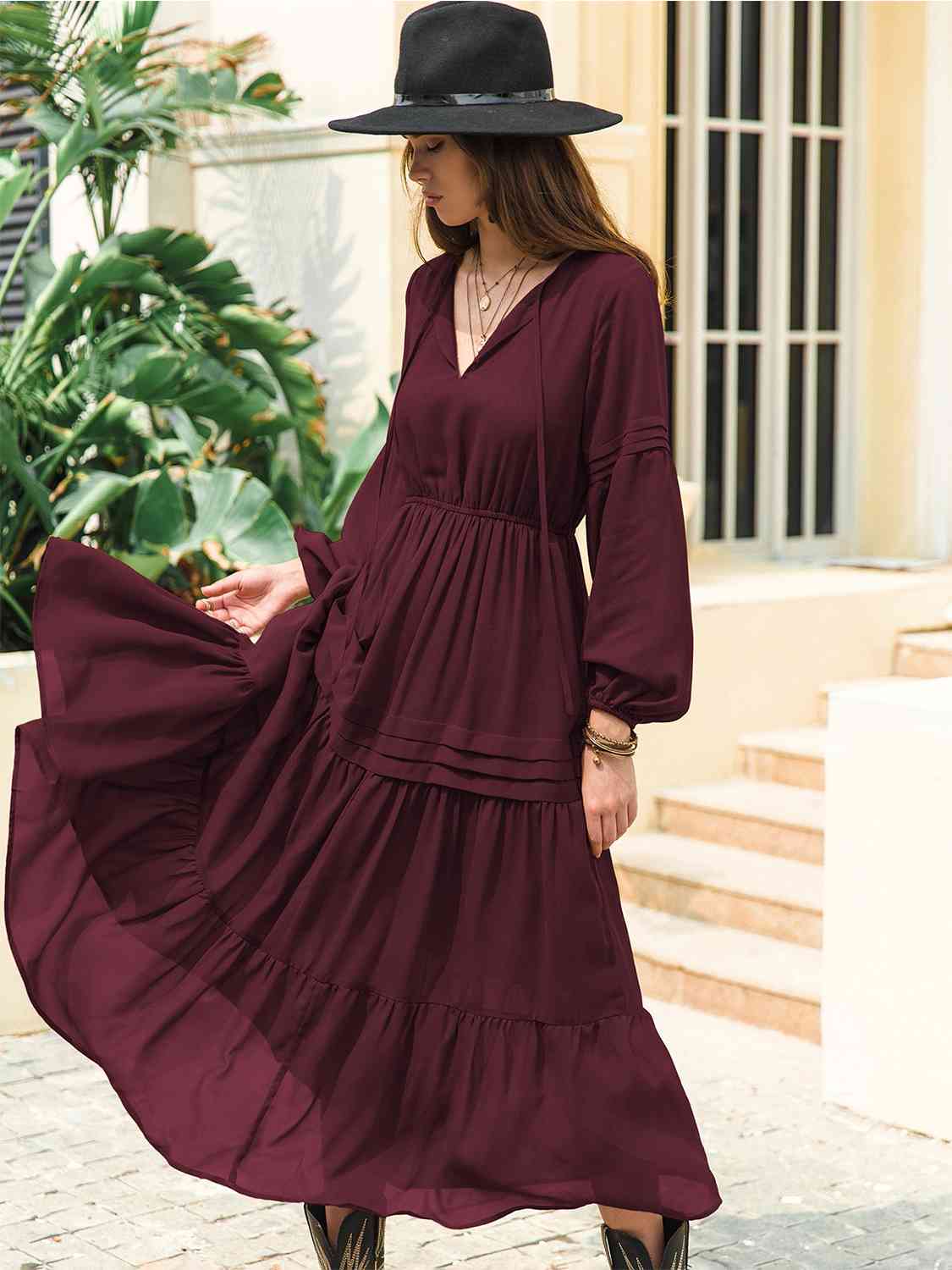 Tie Neck Long Sleeve Midi Tiered Dress - All Dresses - Dresses - 18 - 2024