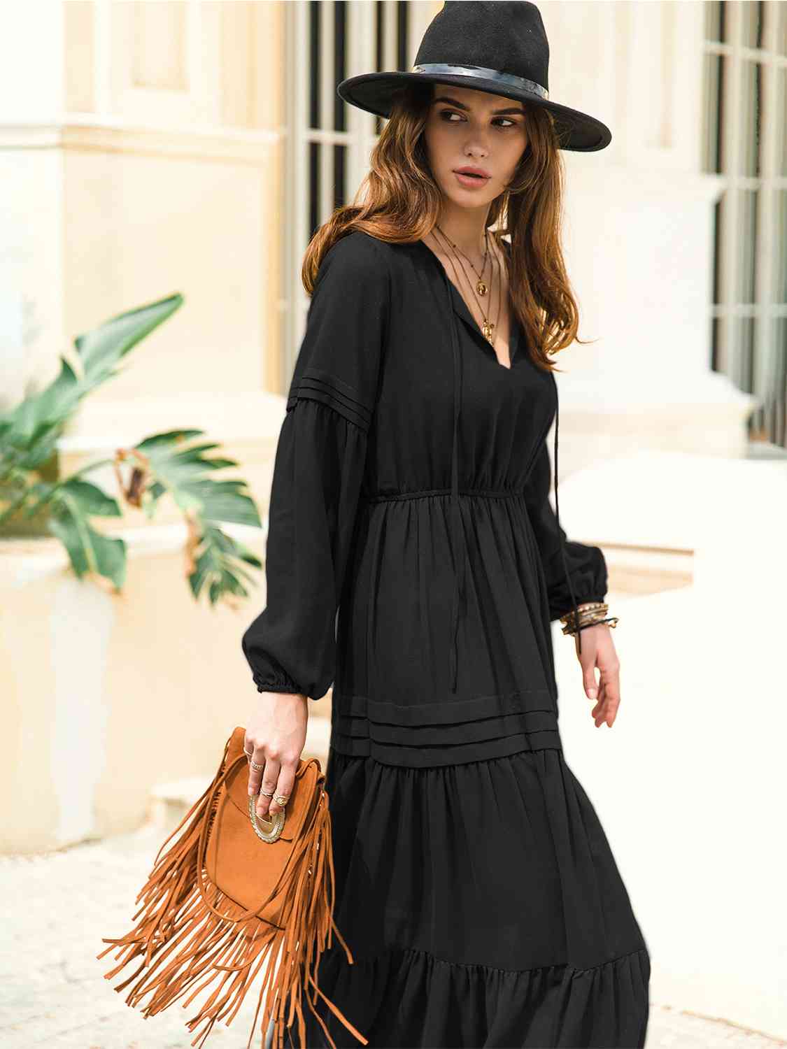 Tie Neck Long Sleeve Midi Tiered Dress - All Dresses - Dresses - 2 - 2024