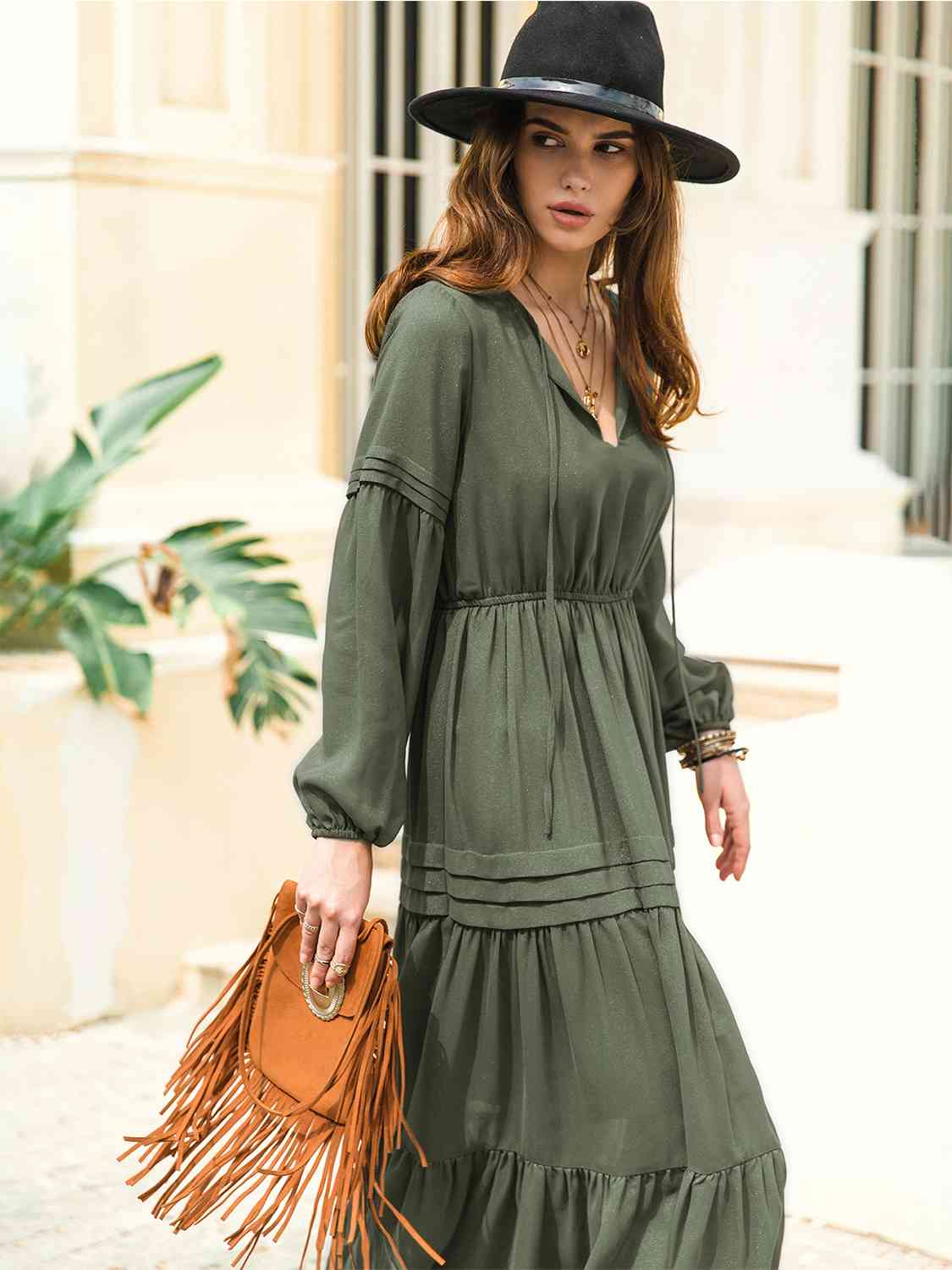 Tie Neck Long Sleeve Midi Tiered Dress - All Dresses - Dresses - 20 - 2024