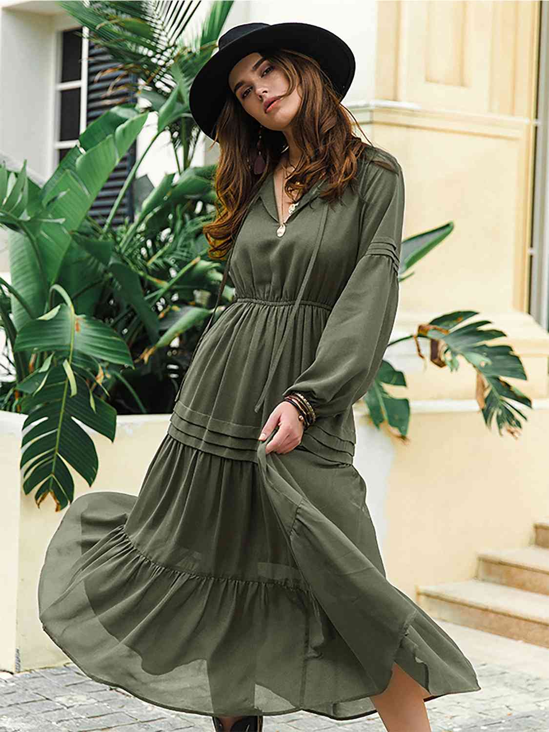 Tie Neck Long Sleeve Midi Tiered Dress - All Dresses - Dresses - 22 - 2024