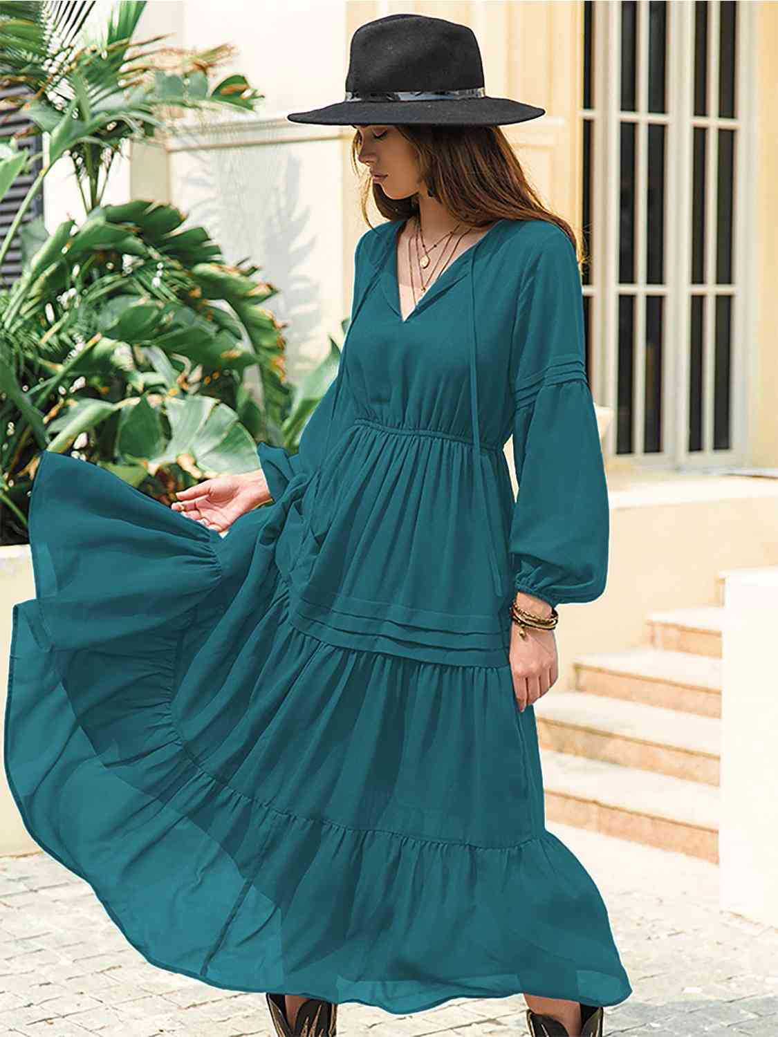 Tie Neck Long Sleeve Midi Tiered Dress - All Dresses - Dresses - 27 - 2024