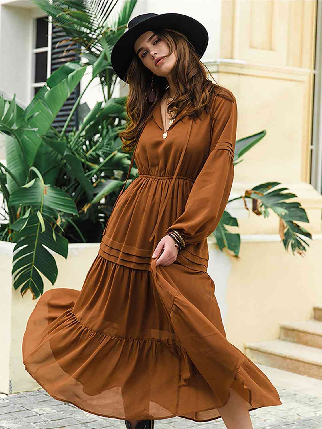 Tie Neck Long Sleeve Midi Tiered Dress - Ochre / S - All Dresses - Dresses - 28 - 2024