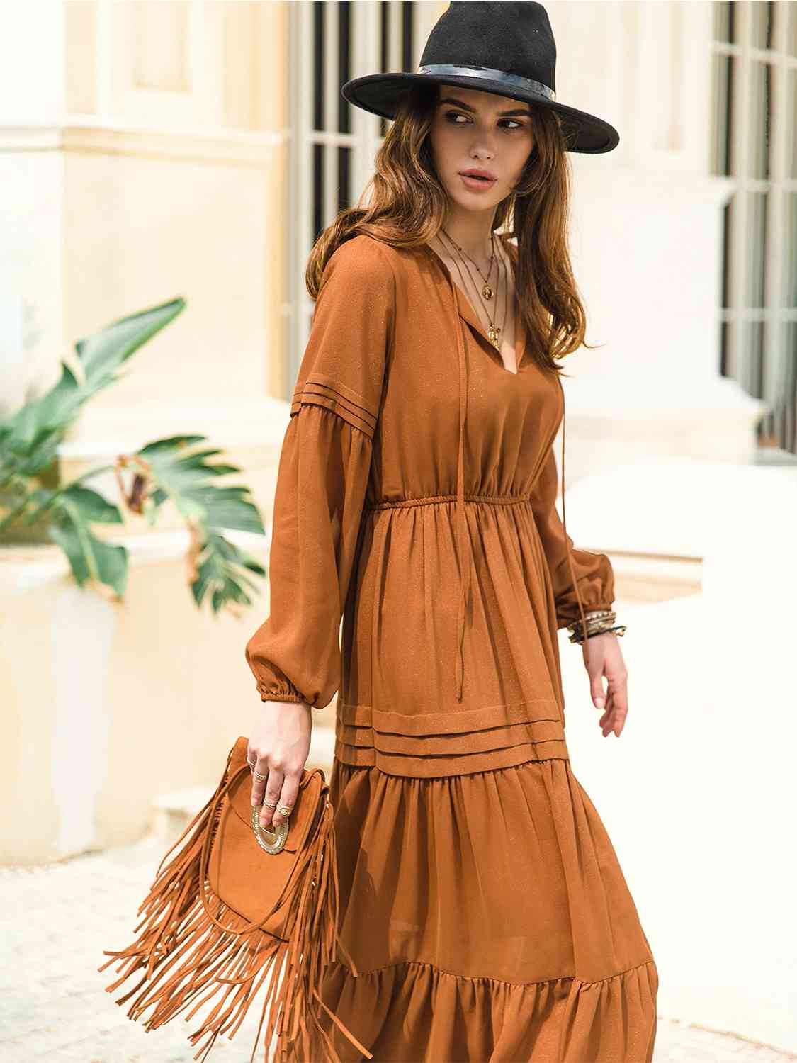 Tie Neck Long Sleeve Midi Tiered Dress - All Dresses - Dresses - 29 - 2024