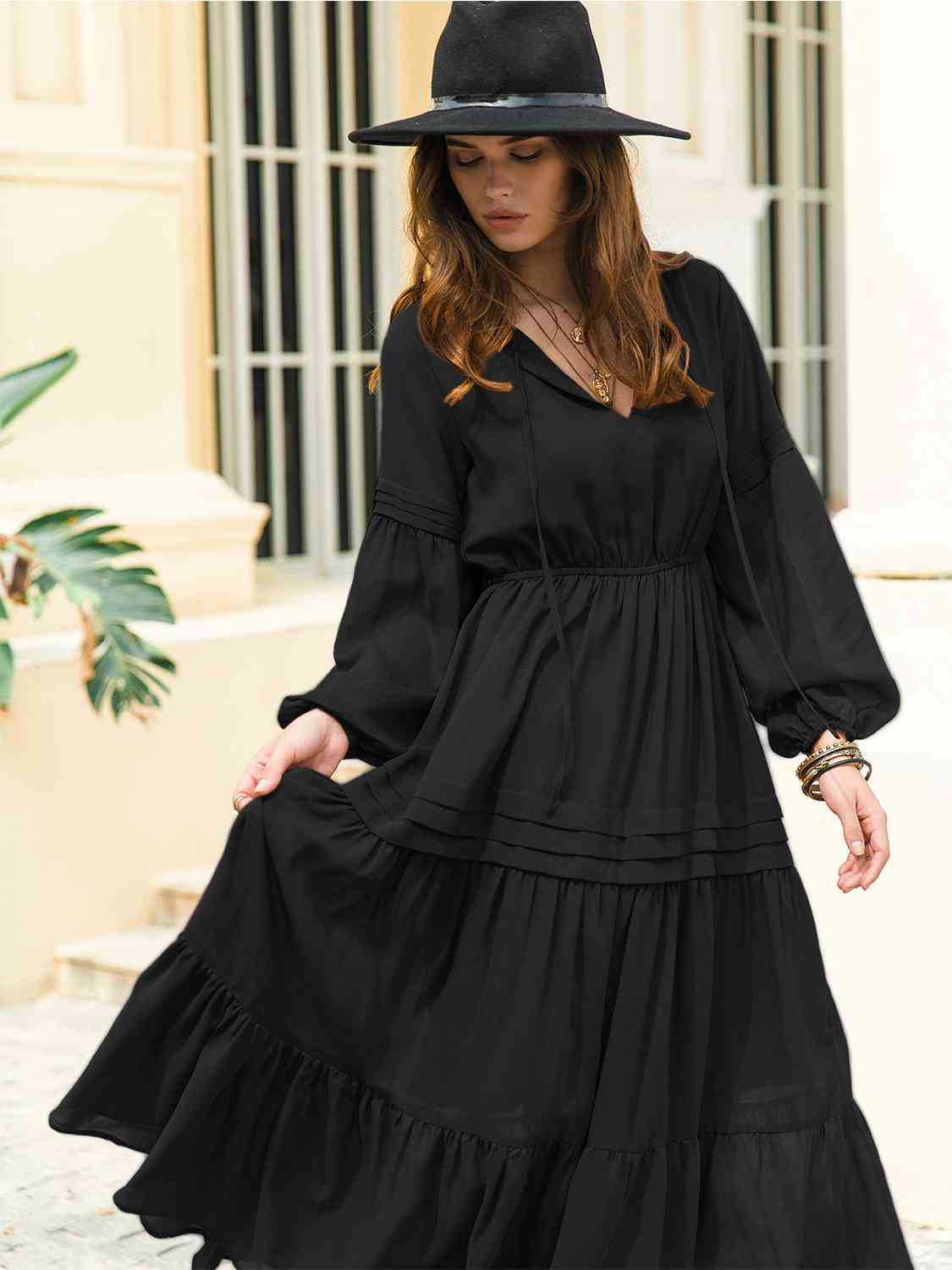 Tie Neck Long Sleeve Midi Tiered Dress - All Dresses - Dresses - 3 - 2024