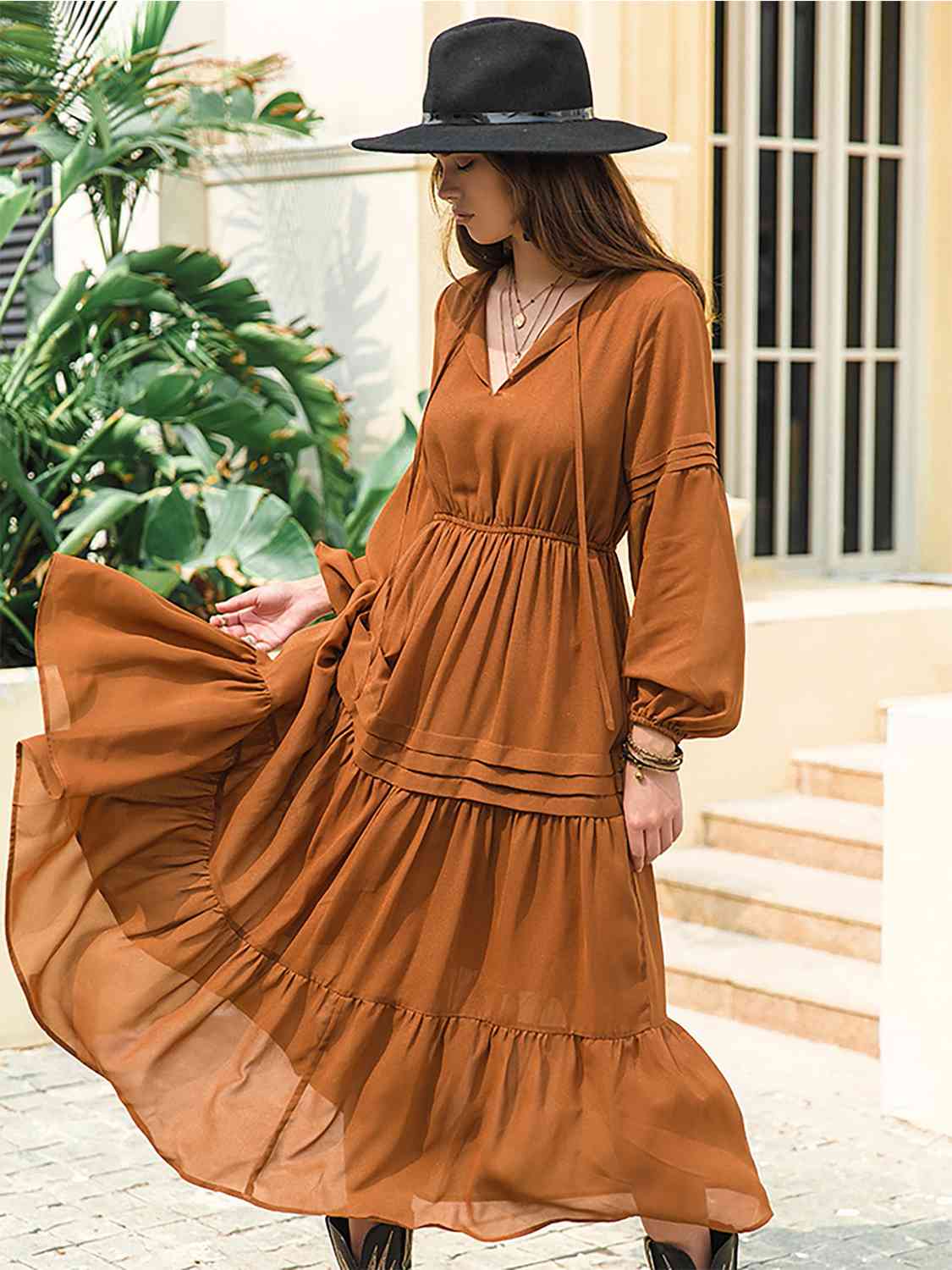 Tie Neck Long Sleeve Midi Tiered Dress - All Dresses - Dresses - 32 - 2024