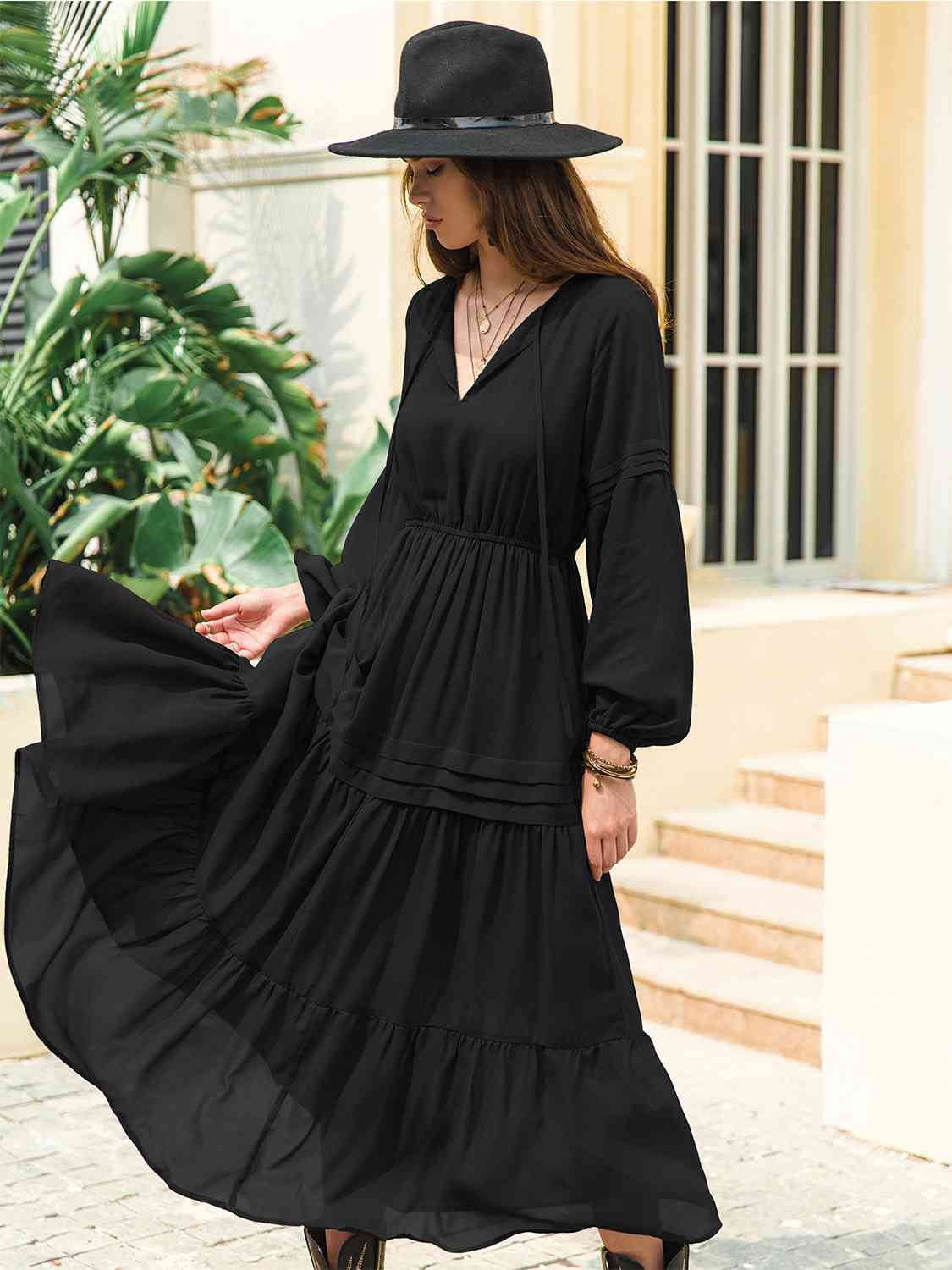 Tie Neck Long Sleeve Midi Tiered Dress - All Dresses - Dresses - 5 - 2024