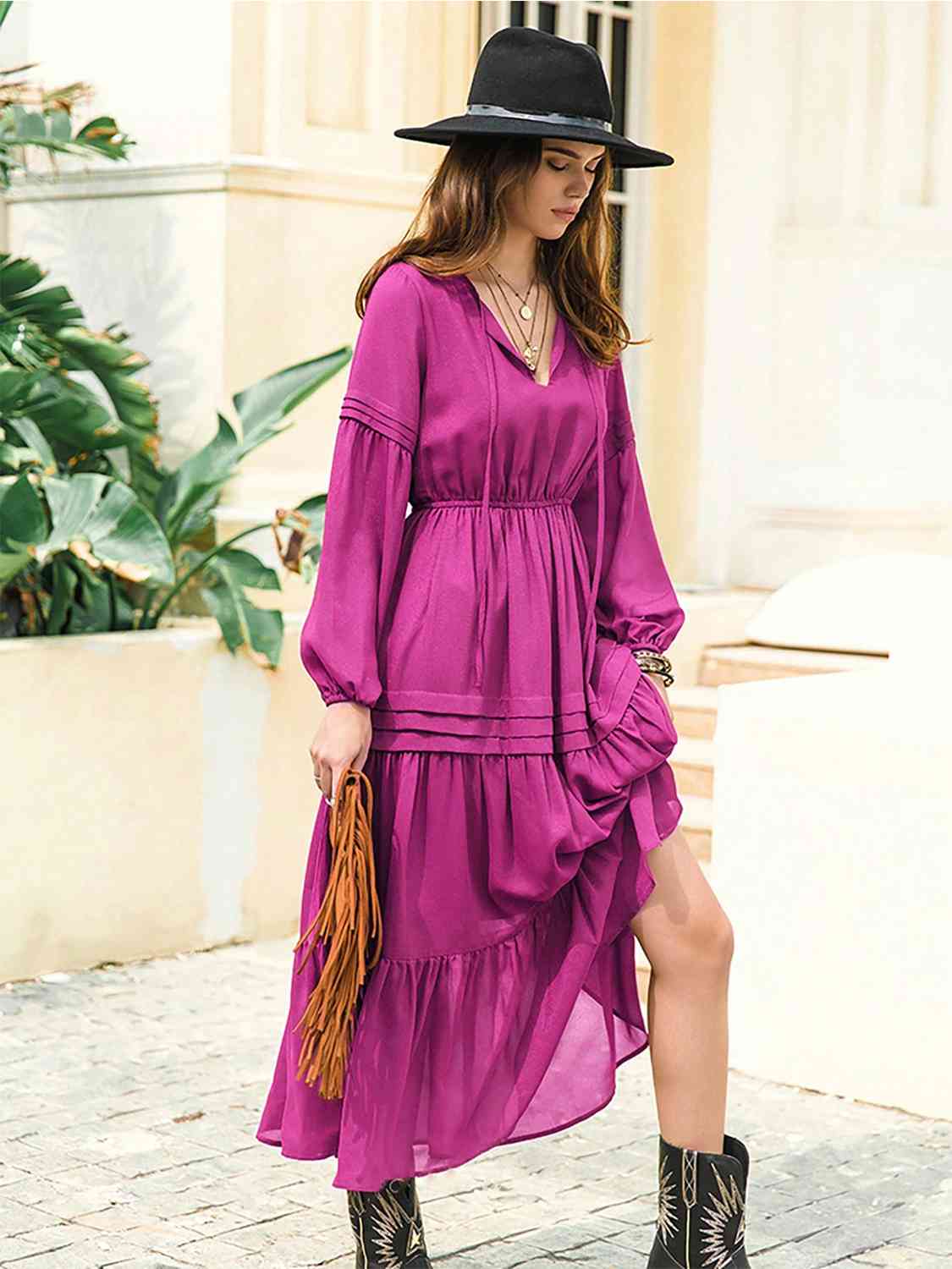 Tie Neck Long Sleeve Midi Tiered Dress - Fuchsia / S - All Dresses - Dresses - 6 - 2024