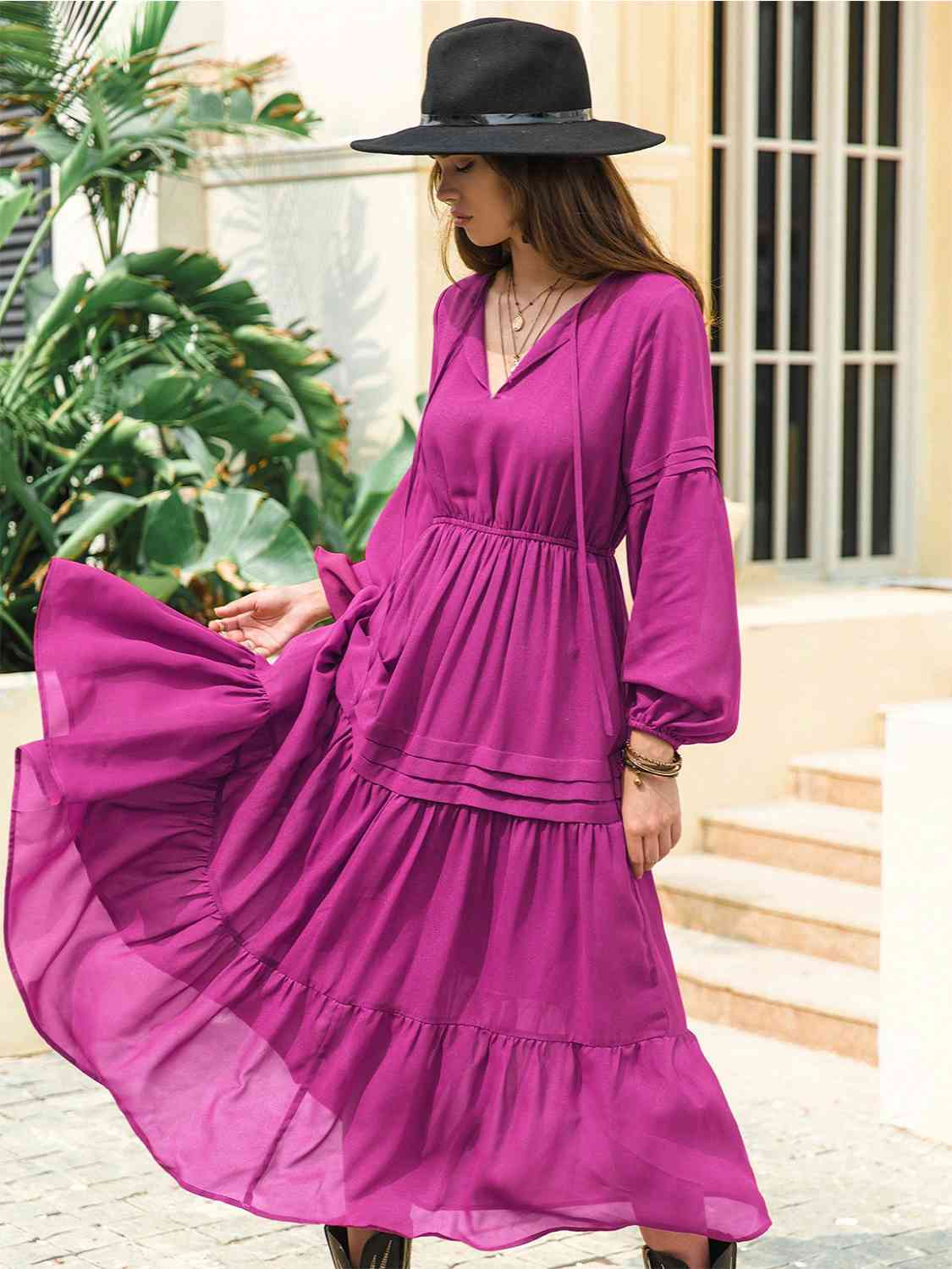 Tie Neck Long Sleeve Midi Tiered Dress - All Dresses - Dresses - 8 - 2024