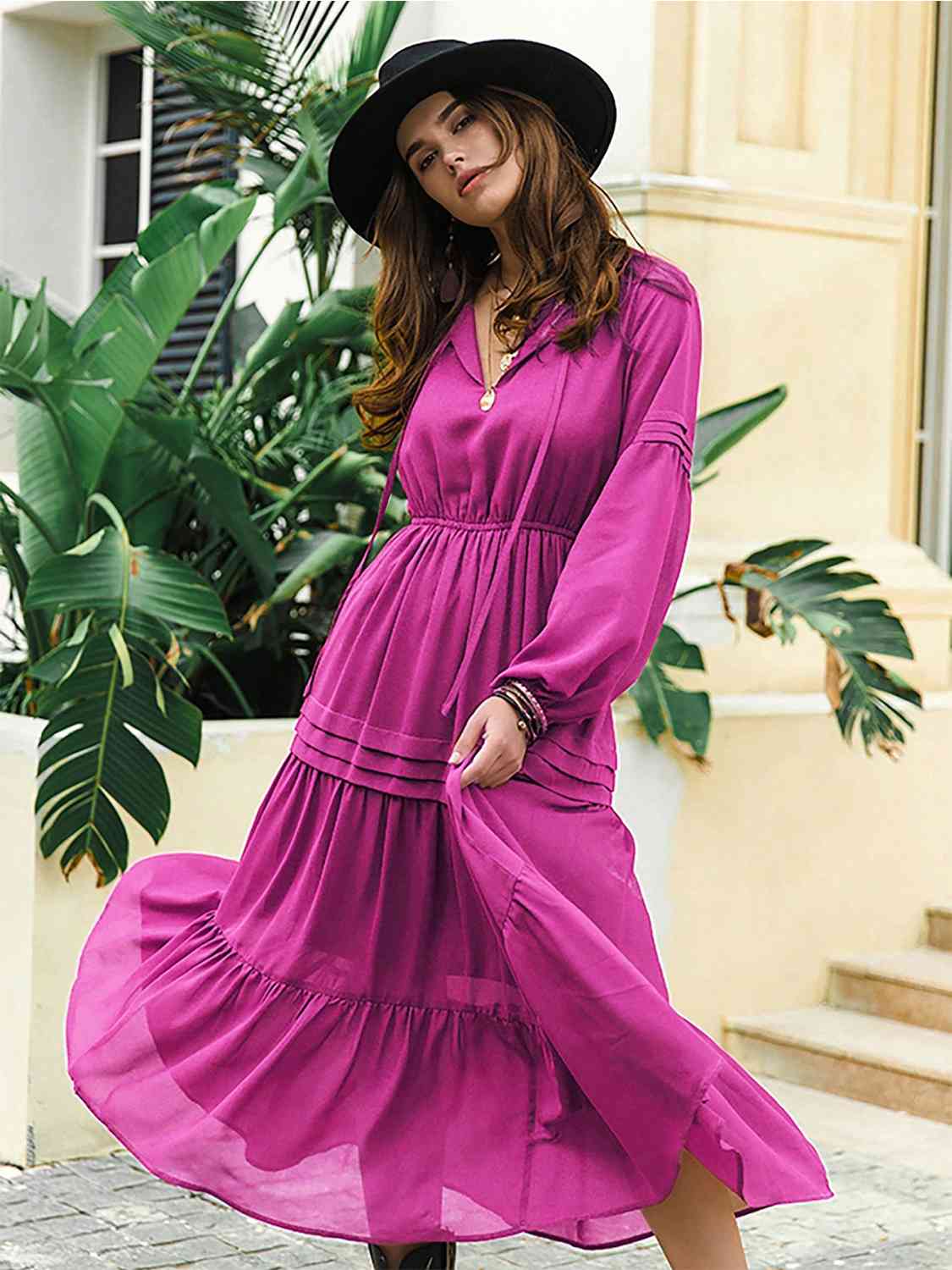 Tie Neck Long Sleeve Midi Tiered Dress - All Dresses - Dresses - 9 - 2024