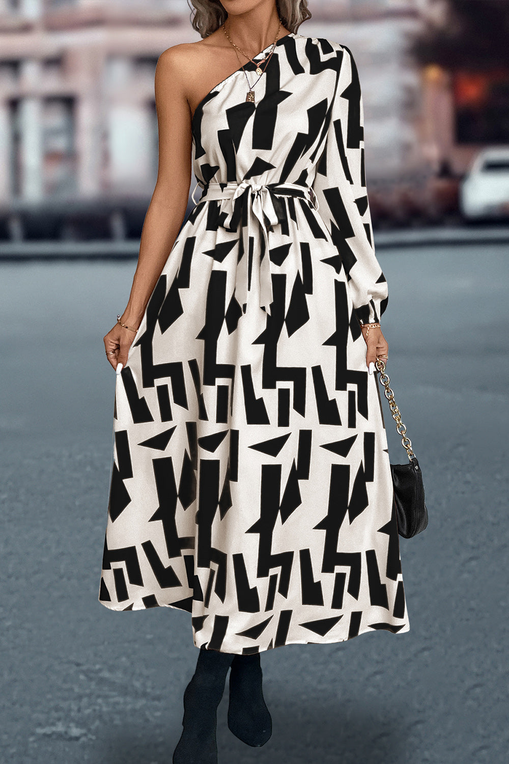 Printed One-Shoulder Tie Waist Dress - White / S - All Dresses - Dresses - 1 - 2024