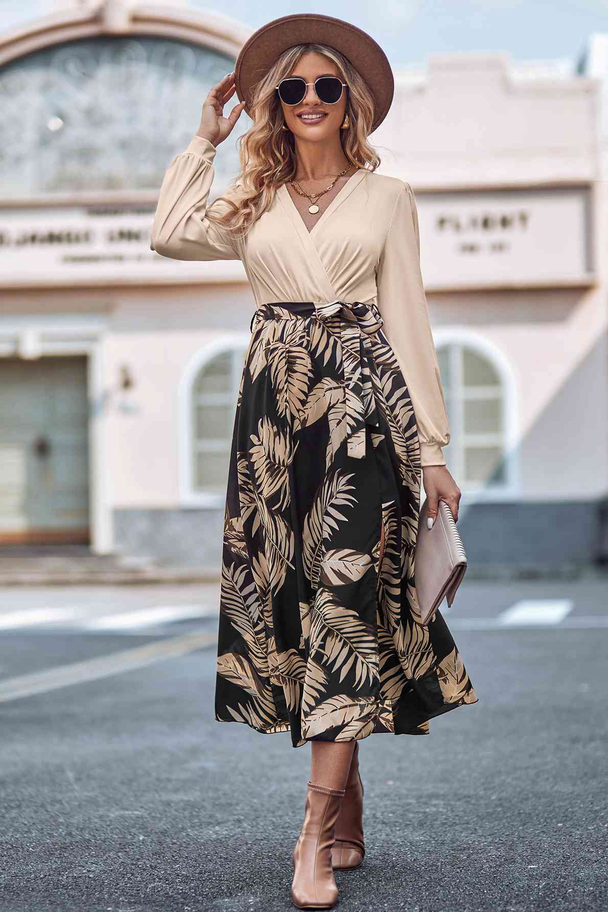 Printed Tie Waist Long Sleeve Dress - Sand / S - All Dresses - Dresses - 4 - 2024