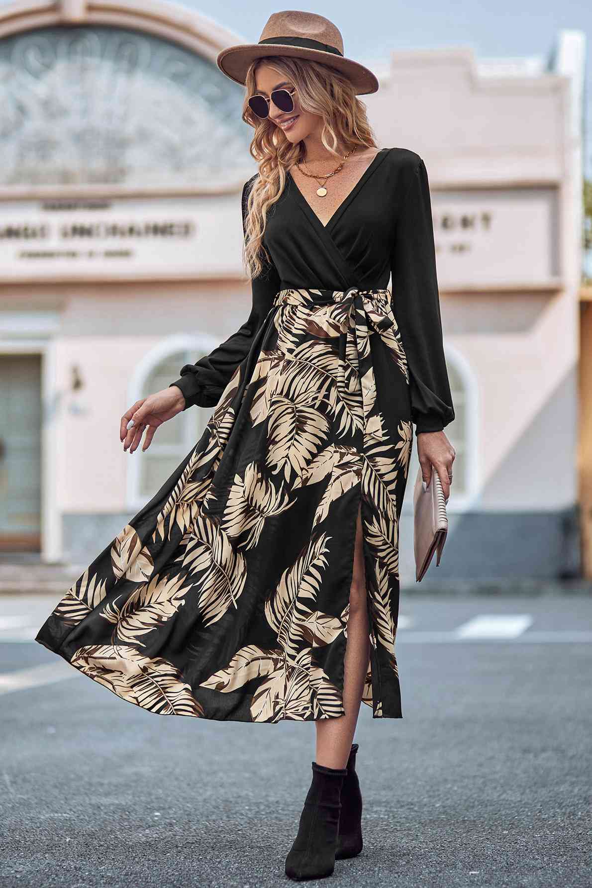 Printed Tie Waist Long Sleeve Dress - Black / S - All Dresses - Dresses - 7 - 2024