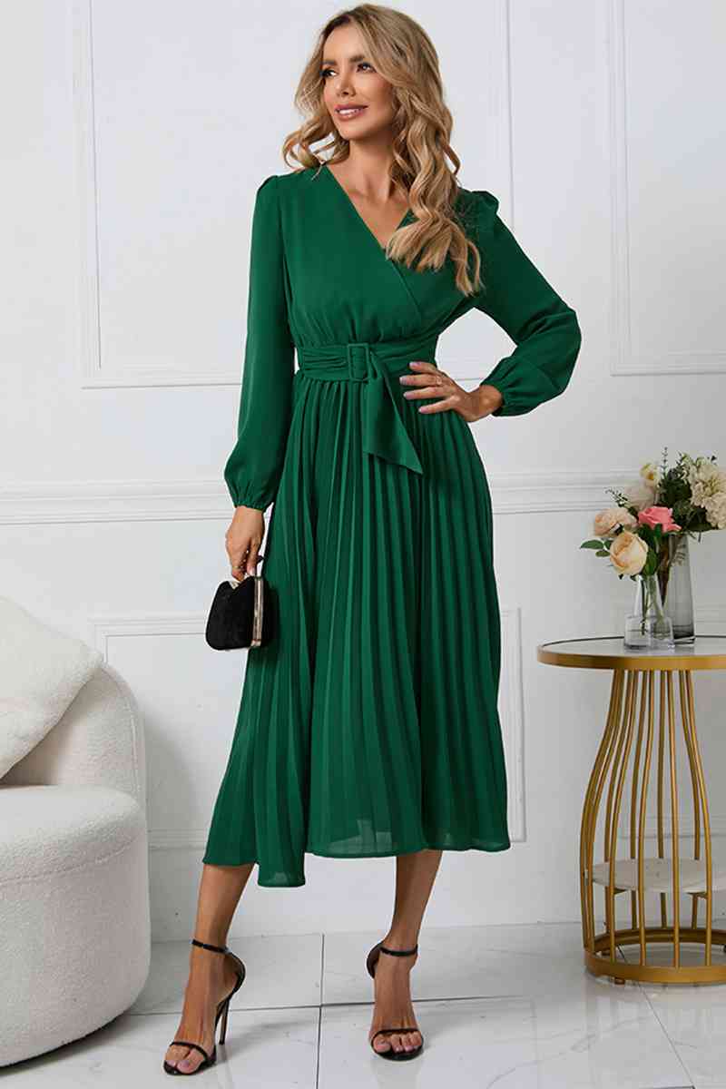 V-Neck Long Sleeve Tie Waist Midi Dress - All Dresses - Dresses - 11 - 2024