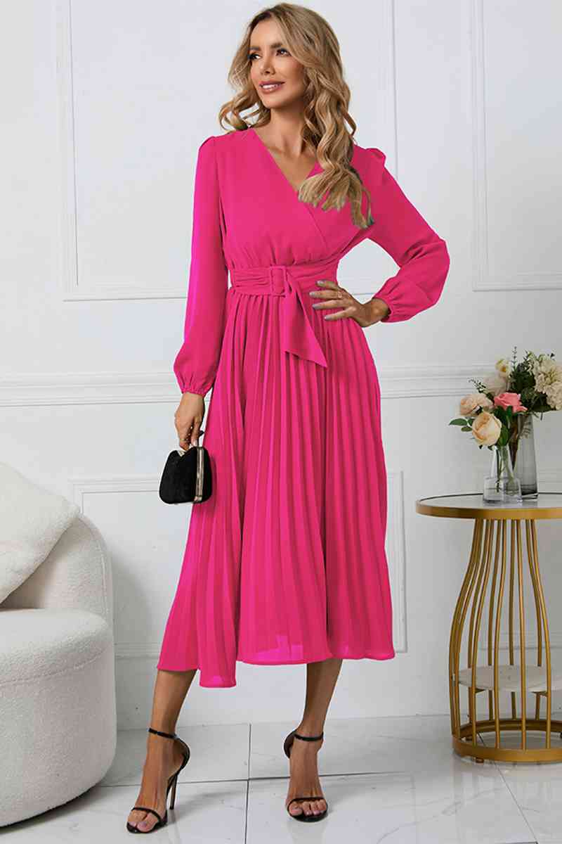 V-Neck Long Sleeve Tie Waist Midi Dress - All Dresses - Dresses - 14 - 2024