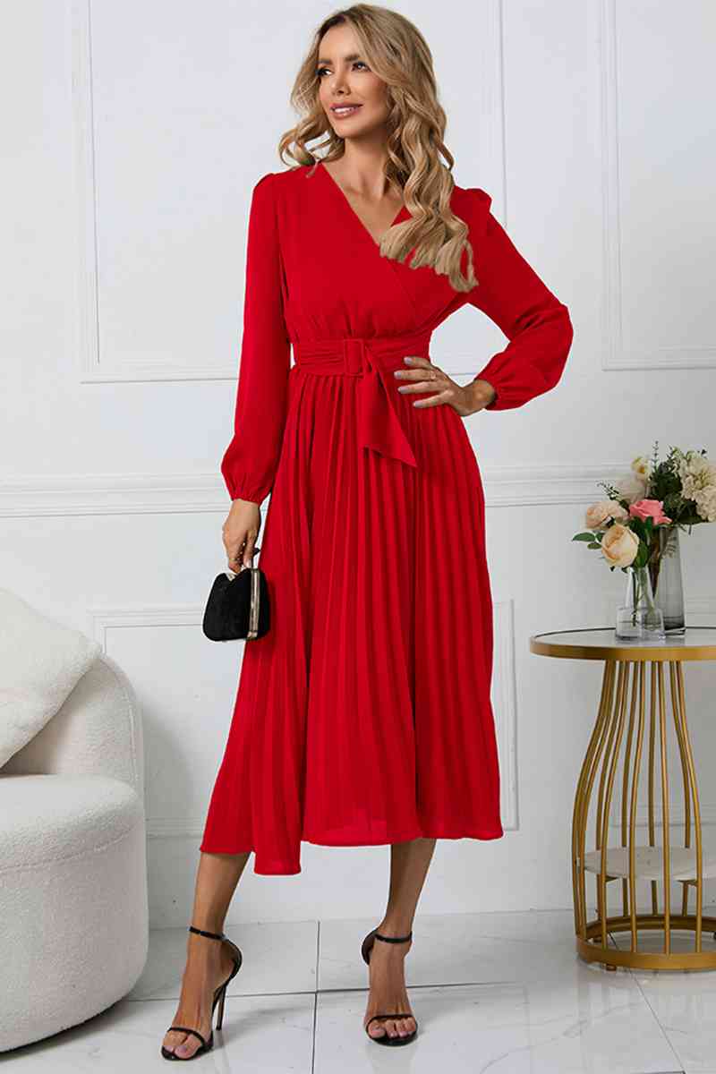 V-Neck Long Sleeve Tie Waist Midi Dress - All Dresses - Dresses - 5 - 2024