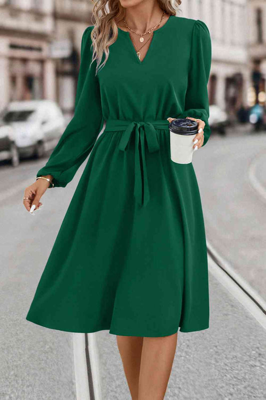 Tie Waist Notched Neck Long Sleeve Dress - Green / S - All Dresses - Dresses - 1 - 2024