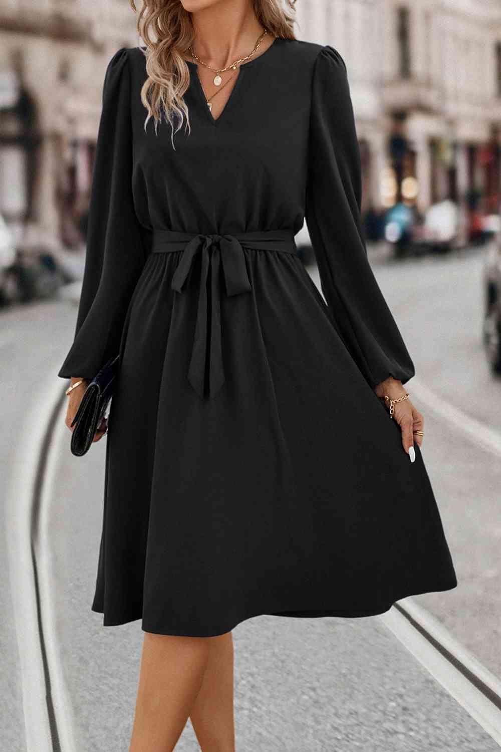 Tie Waist Notched Neck Long Sleeve Dress - All Dresses - Dresses - 10 - 2024