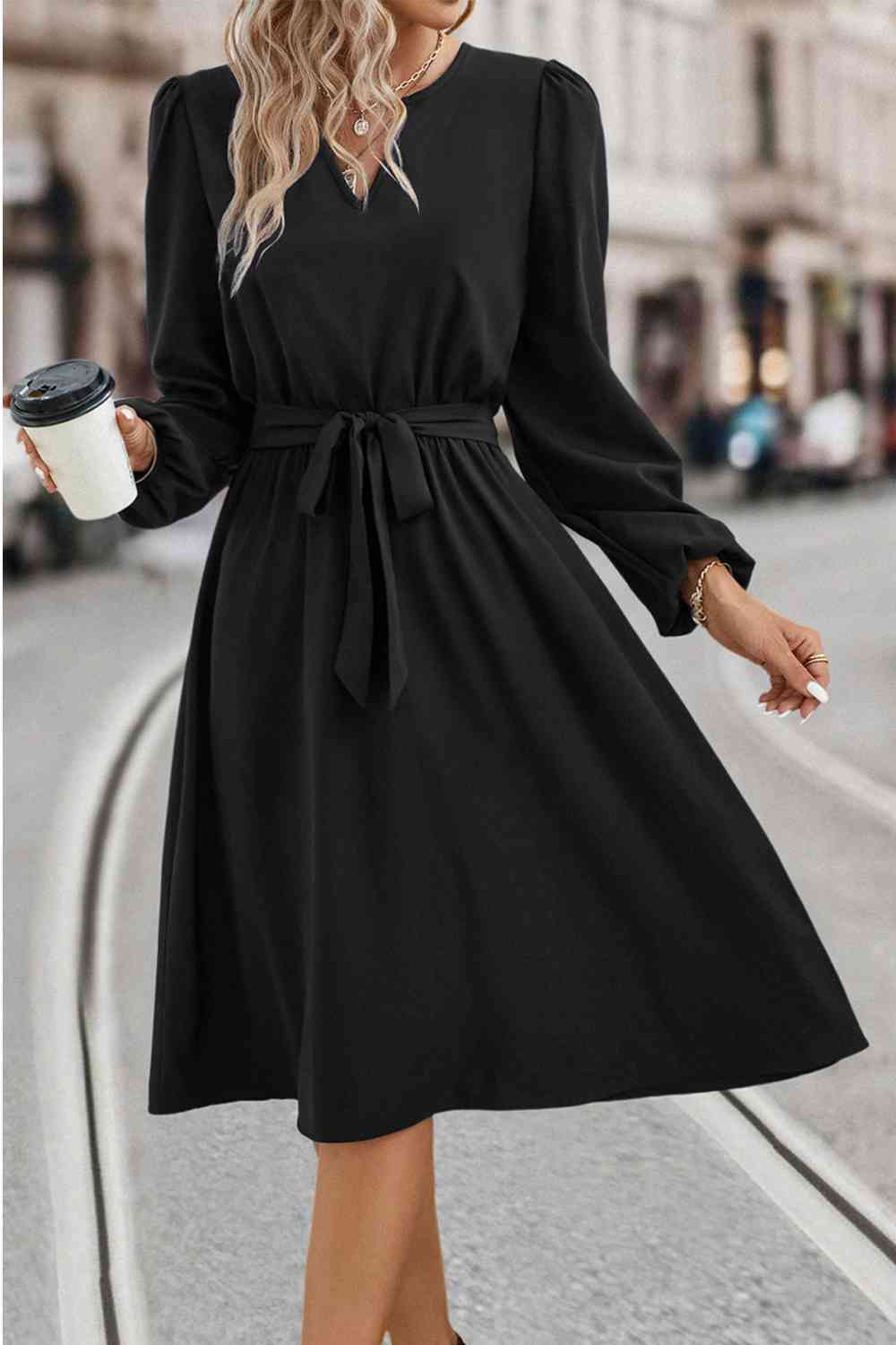 Tie Waist Notched Neck Long Sleeve Dress - All Dresses - Dresses - 11 - 2024