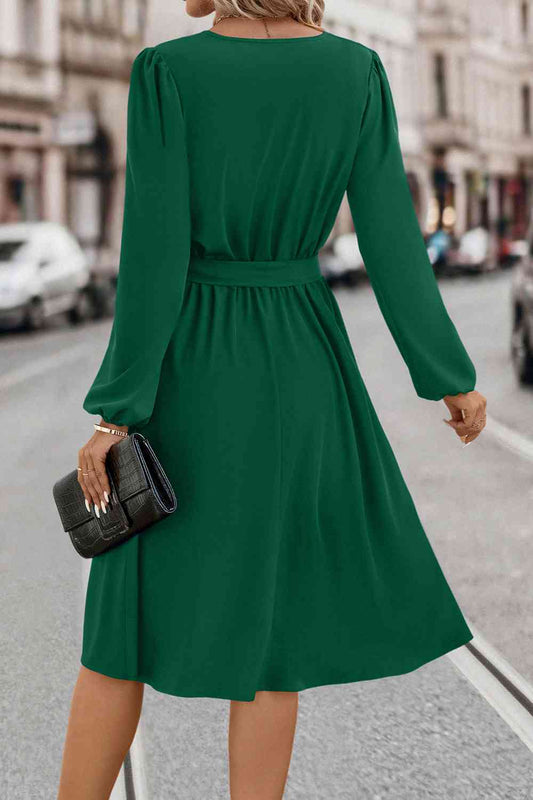 Tie Waist Notched Neck Long Sleeve Dress - All Dresses - Dresses - 2 - 2024