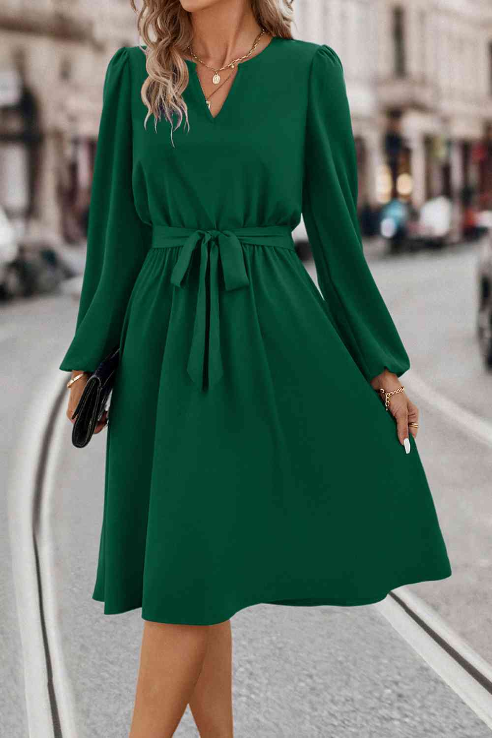 Tie Waist Notched Neck Long Sleeve Dress - All Dresses - Dresses - 3 - 2024