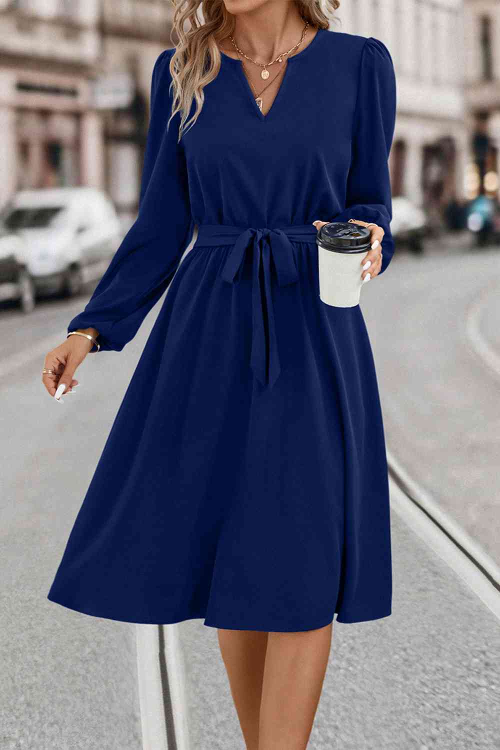 Tie Waist Notched Neck Long Sleeve Dress - Navy / S - All Dresses - Dresses - 5 - 2024