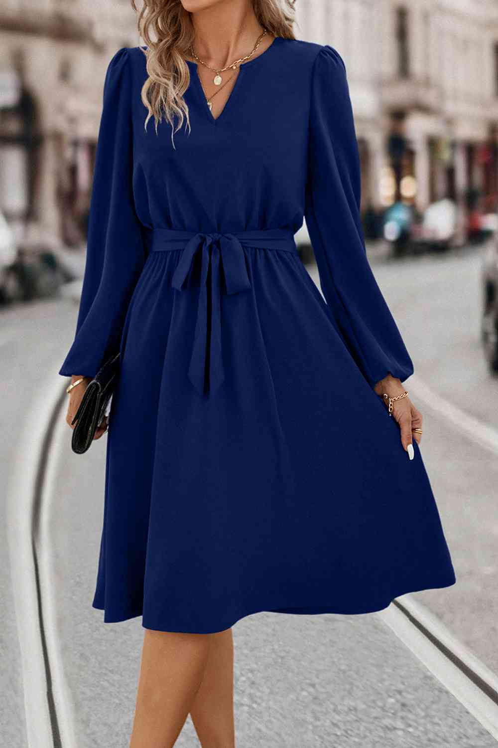 Tie Waist Notched Neck Long Sleeve Dress - All Dresses - Dresses - 7 - 2024