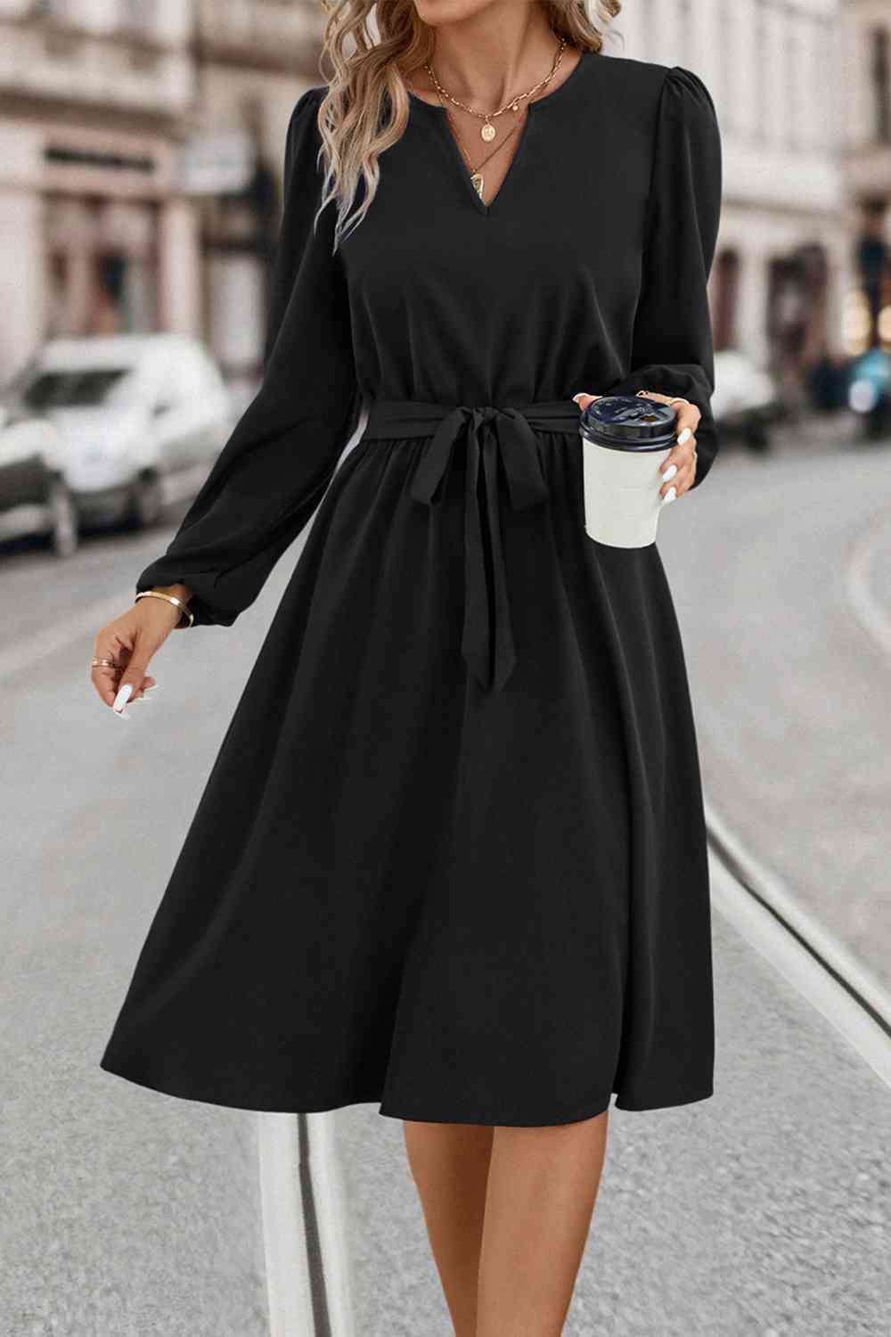 Tie Waist Notched Neck Long Sleeve Dress - Black / S - All Dresses - Dresses - 9 - 2024