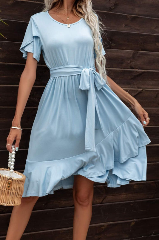 Tie Waist Petal Sleeve Ruffle Hem Dress - Blue / S - All Dresses - Dresses - 1 - 2024