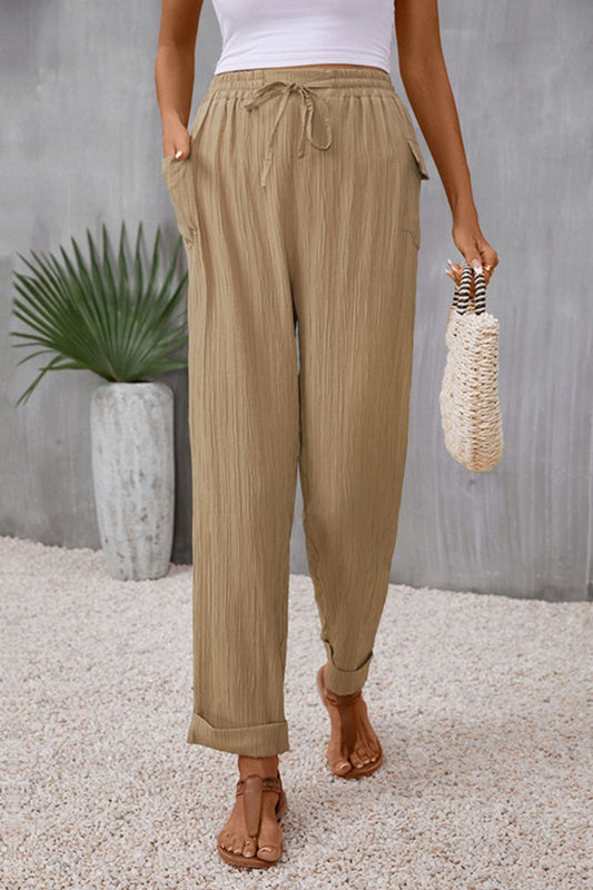 Tie Waist Pocketed Long Pants - Khaki / S - Bottoms - Pants - 1 - 2024