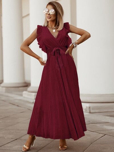 Tied Surplice Cap Sleeve Pleated Dress - Wine / S - All Dresses - Dresses - 17 - 2024