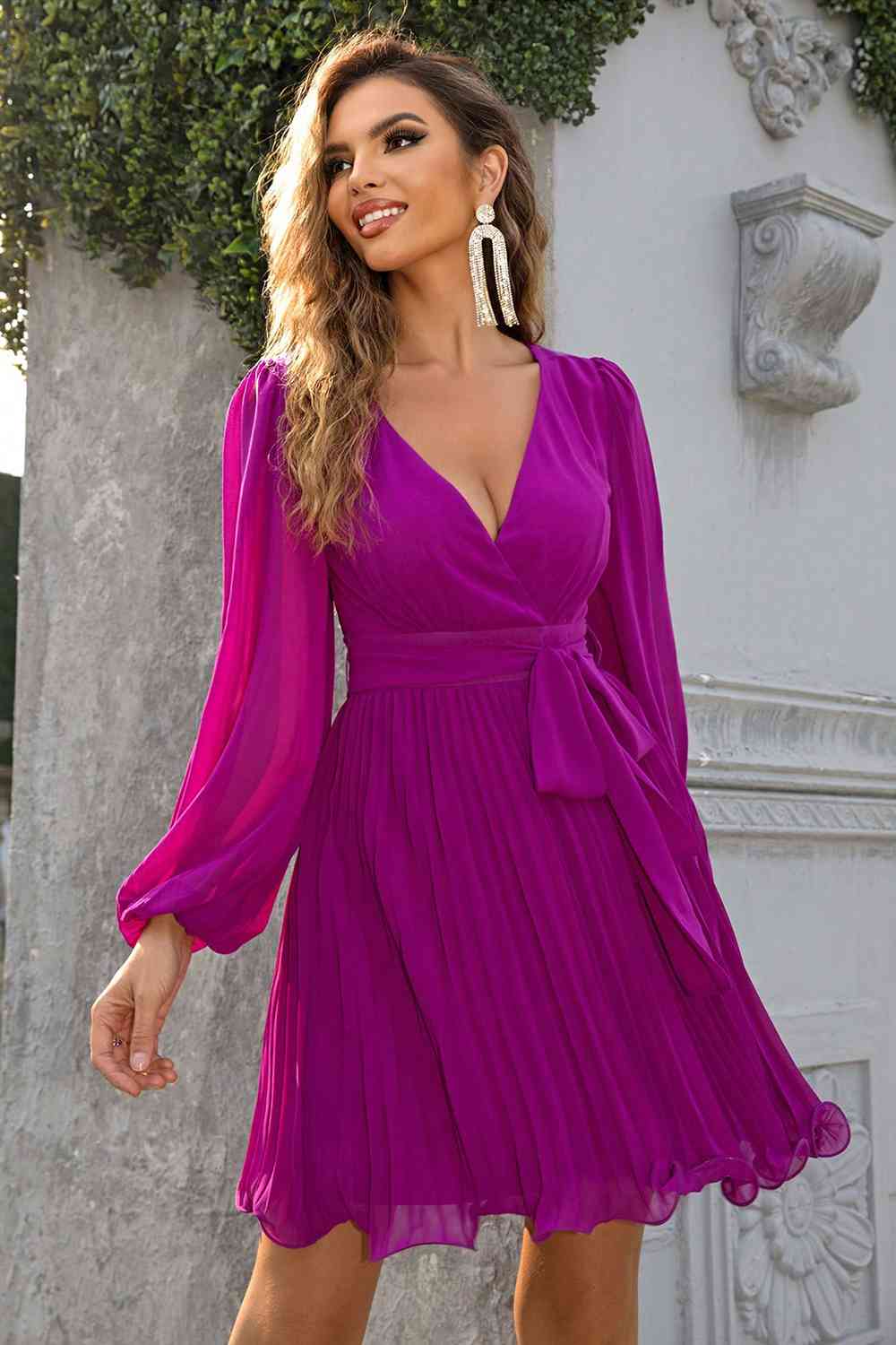 Tied Surplice Neck Pleated Dress - Fuchsia / XS - All Dresses - Dresses - 1 - 2024