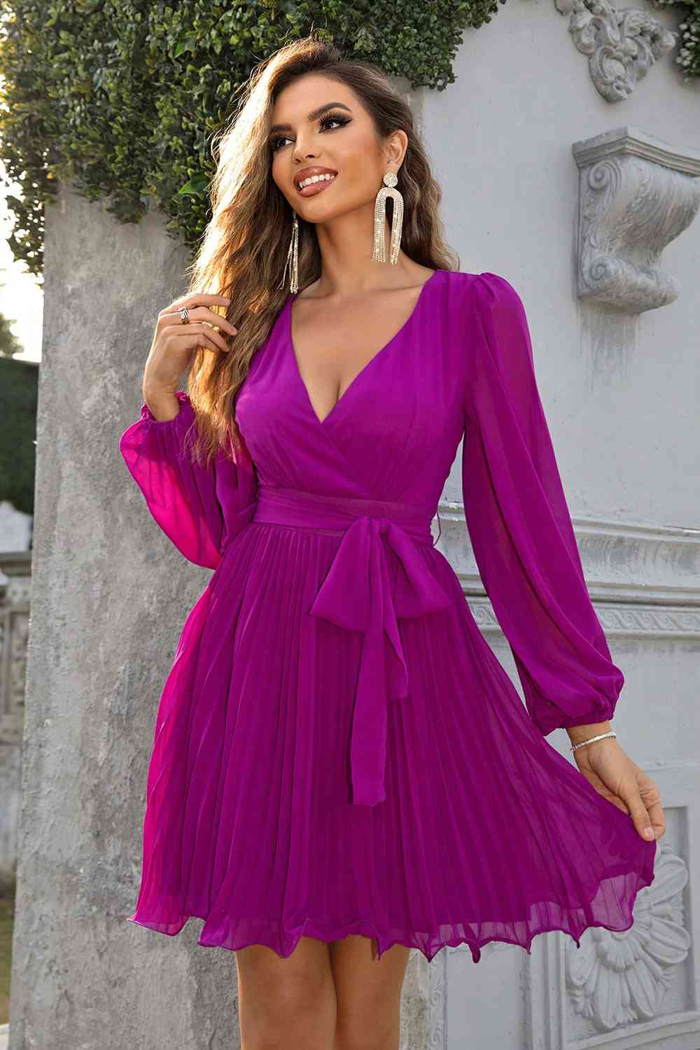 Tied Surplice Neck Pleated Dress - All Dresses - Dresses - 4 - 2024