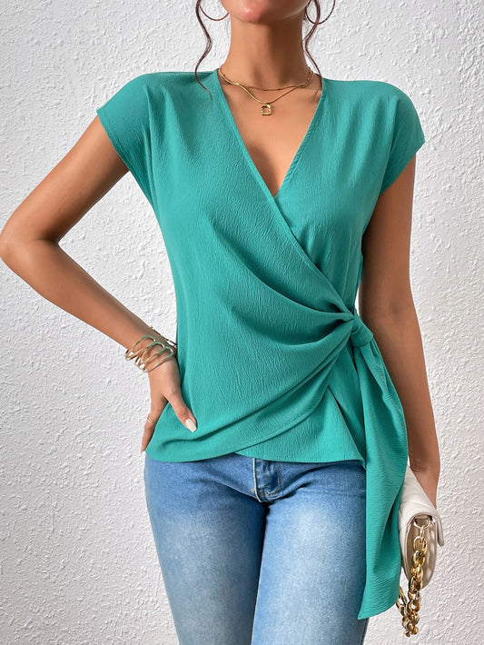 Tied Surplice Neck Short Sleeve Blouse - Women’s Clothing & Accessories - Shirts & Tops - 1 - 2024