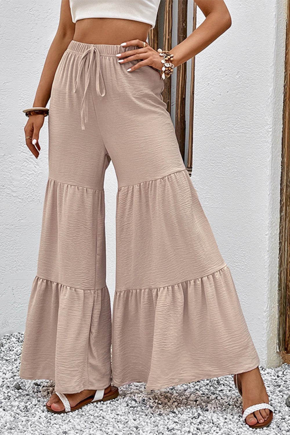 Drawstring Waist Tiered Flare Culottes - Light Brown / S - Bottoms - Pants - 1 - 2024