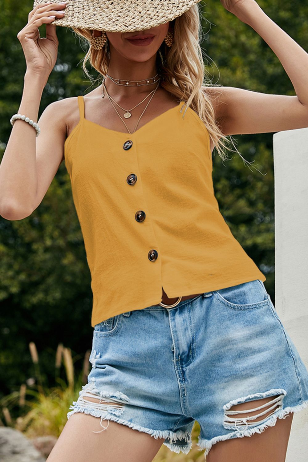Buttoned V-Neck Spaghetti Strap Cami - Yellow / S - Tops & Tees - Shirts & Tops - 3 - 2024