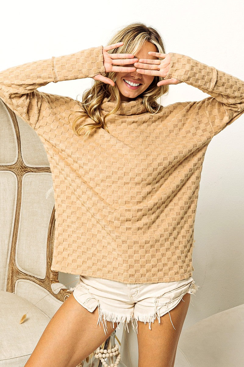 Checkered Round Neck Thumbhole Long Sleeve Top - Tops & Tees - Shirts & Tops - 4 - 2024
