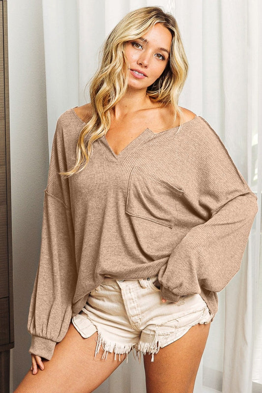 Exposed Seam Long Sleeve Top - Light Brown / S - Tops & Tees - Shirts & Tops - 1 - 2024