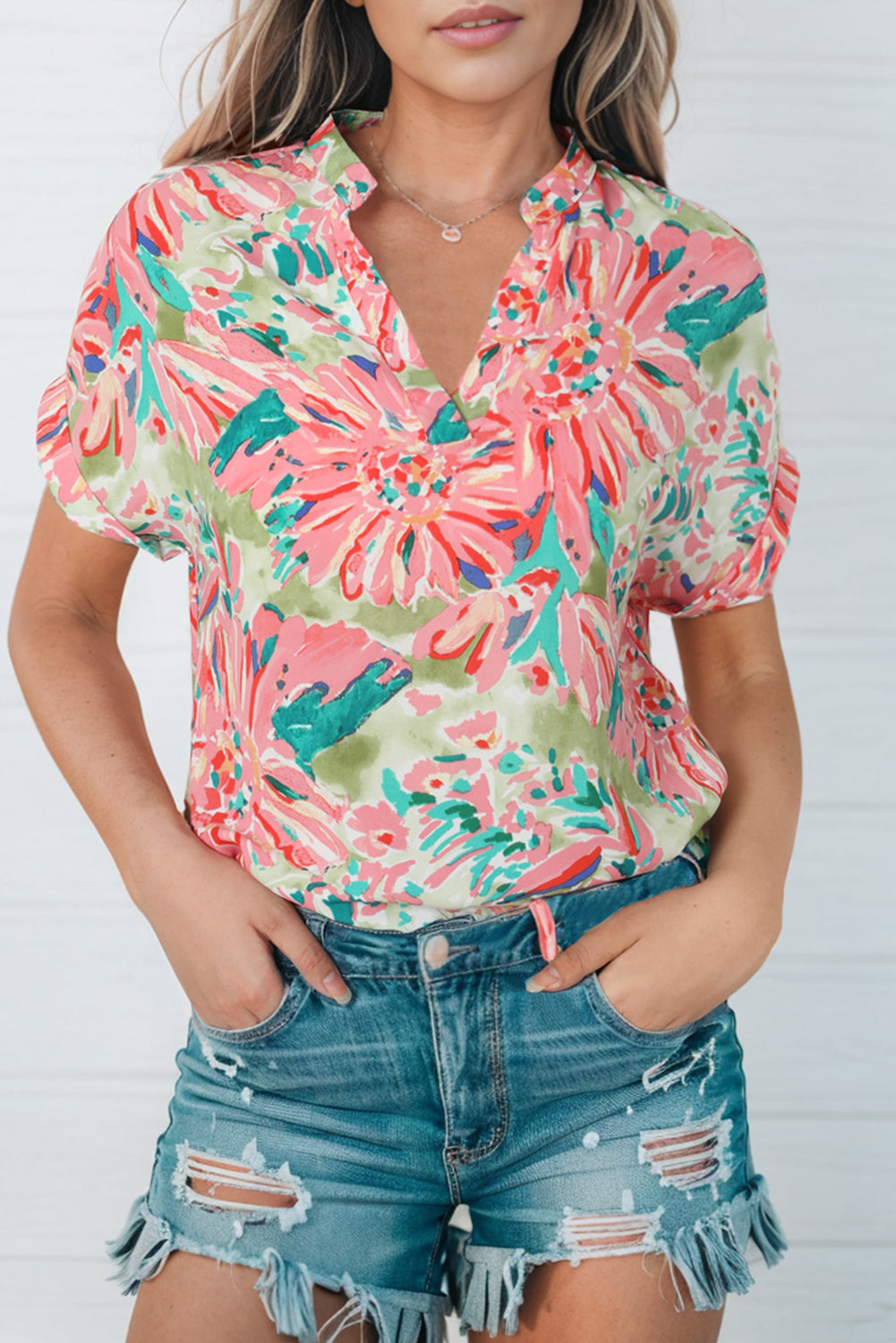 Floral Notched Neck Short Sleeve Top - Tops & Tees - Shirts & Tops - 9 - 2024