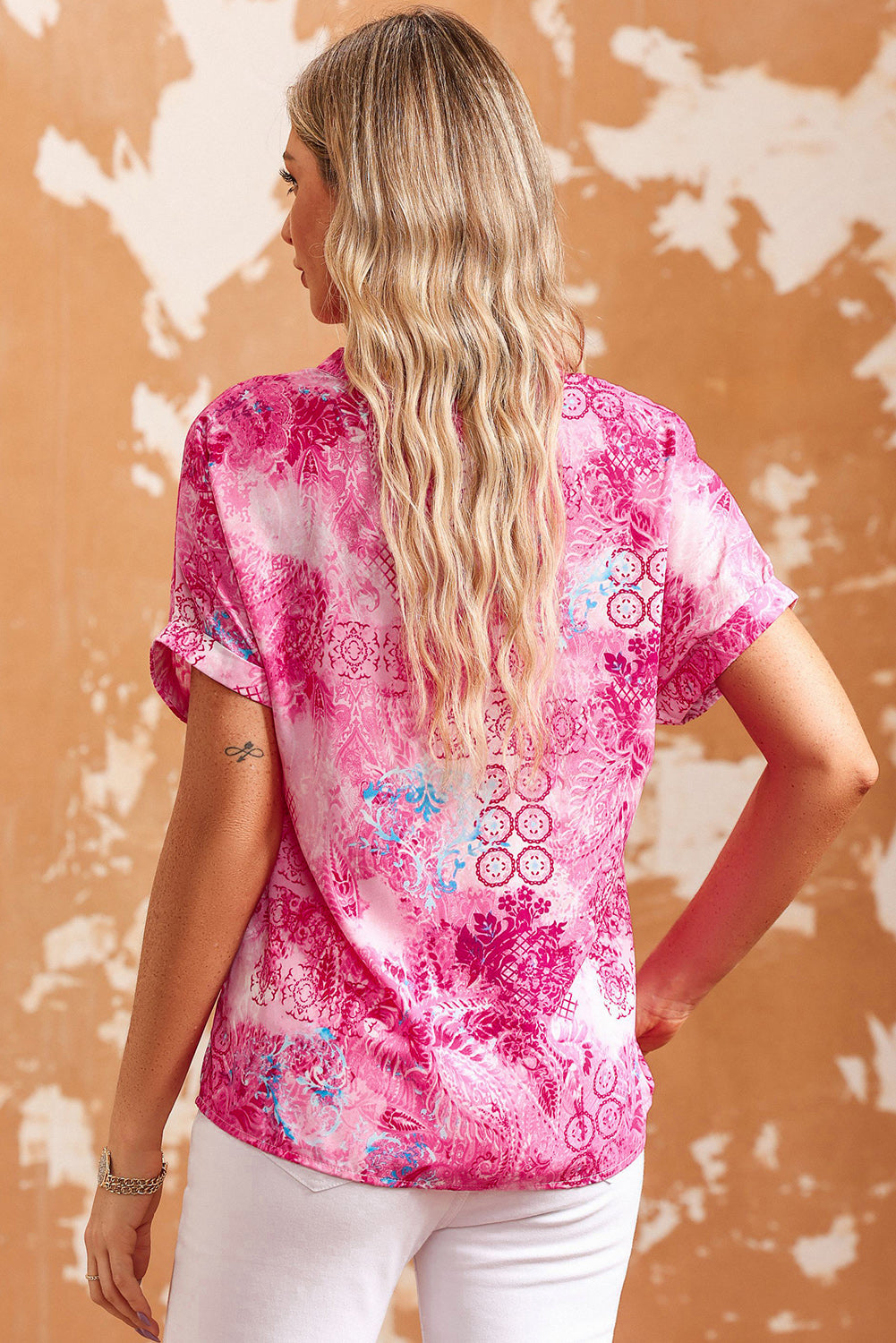 Floral Notched Neck Short Sleeve Top - Tops & Tees - Shirts & Tops - 2 - 2024