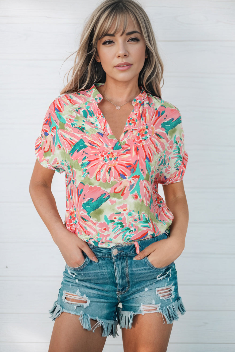 Floral Notched Neck Short Sleeve Top - Peach / S - Tops & Tees - Shirts & Tops - 7 - 2024