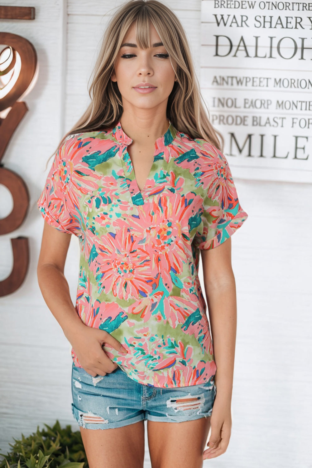 Floral Notched Neck Short Sleeve Top - Tops & Tees - Shirts & Tops - 8 - 2024