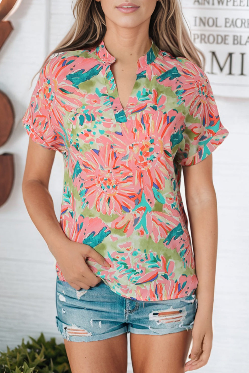 Floral Notched Neck Short Sleeve Top - Tops & Tees - Shirts & Tops - 10 - 2024