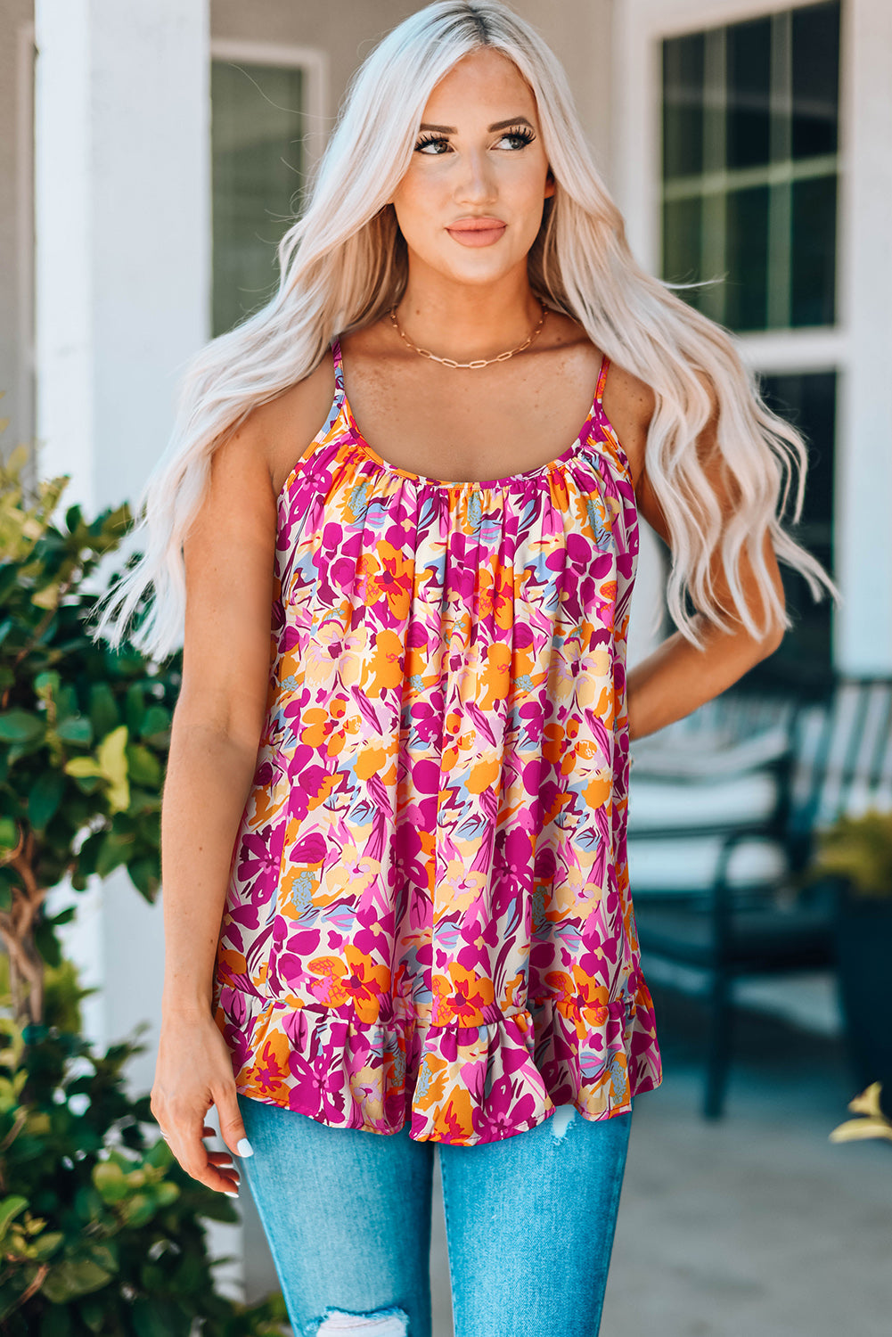 Floral Scoop Neck Ruffle Hem Cami - Floral / S - Tops & Tees - Shirts & Tops - 1 - 2024