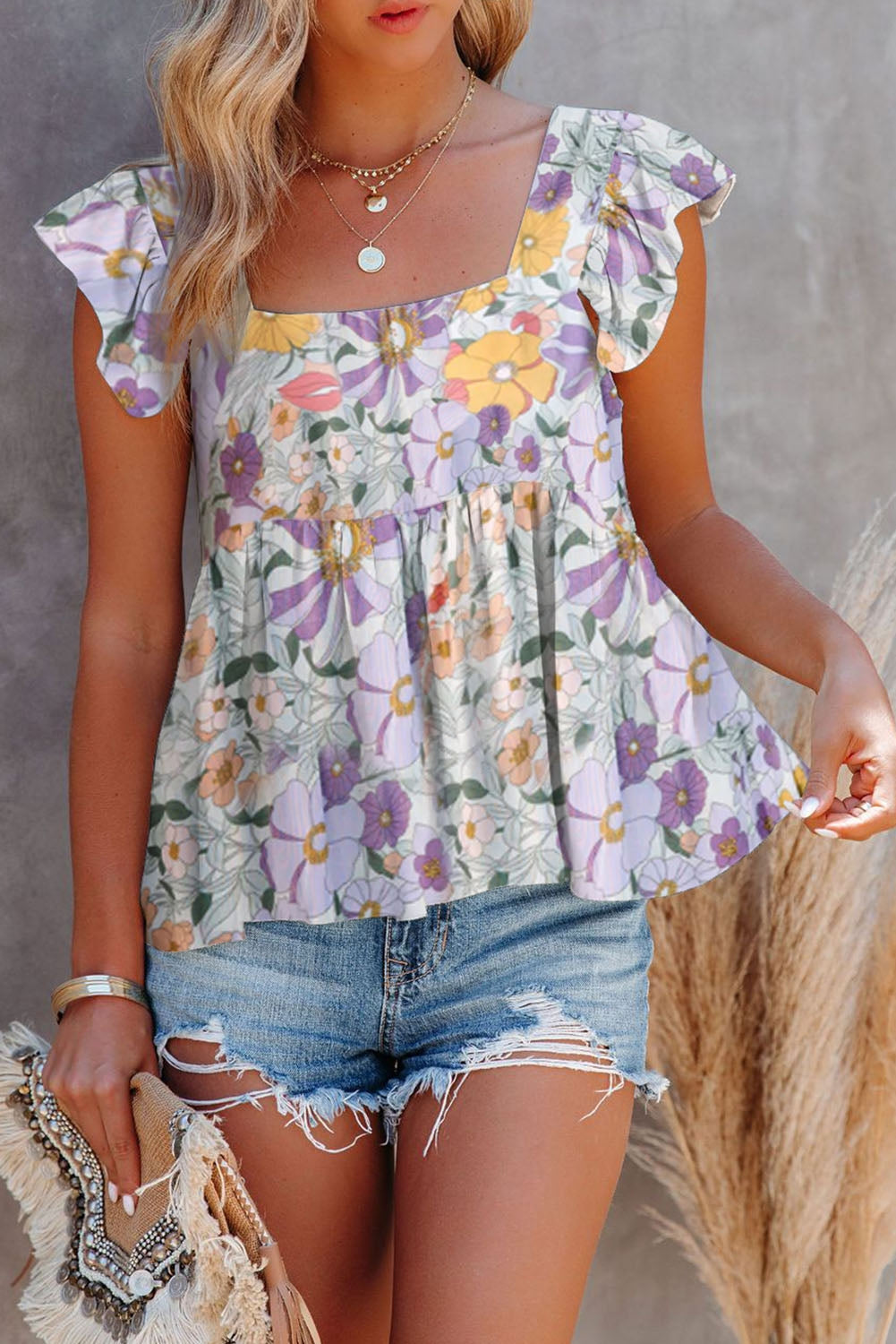 Floral Square Neck Babydoll Top - Tops & Tees - Shirts & Tops - 4 - 2024