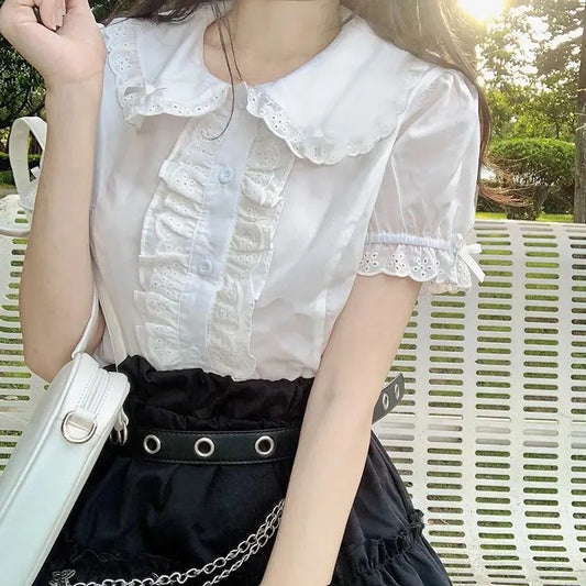 Kawaii White Blouse - Cute Lace Ruffle Tops - Tops & Tees - Shirts & Tops - 1 - 2024
