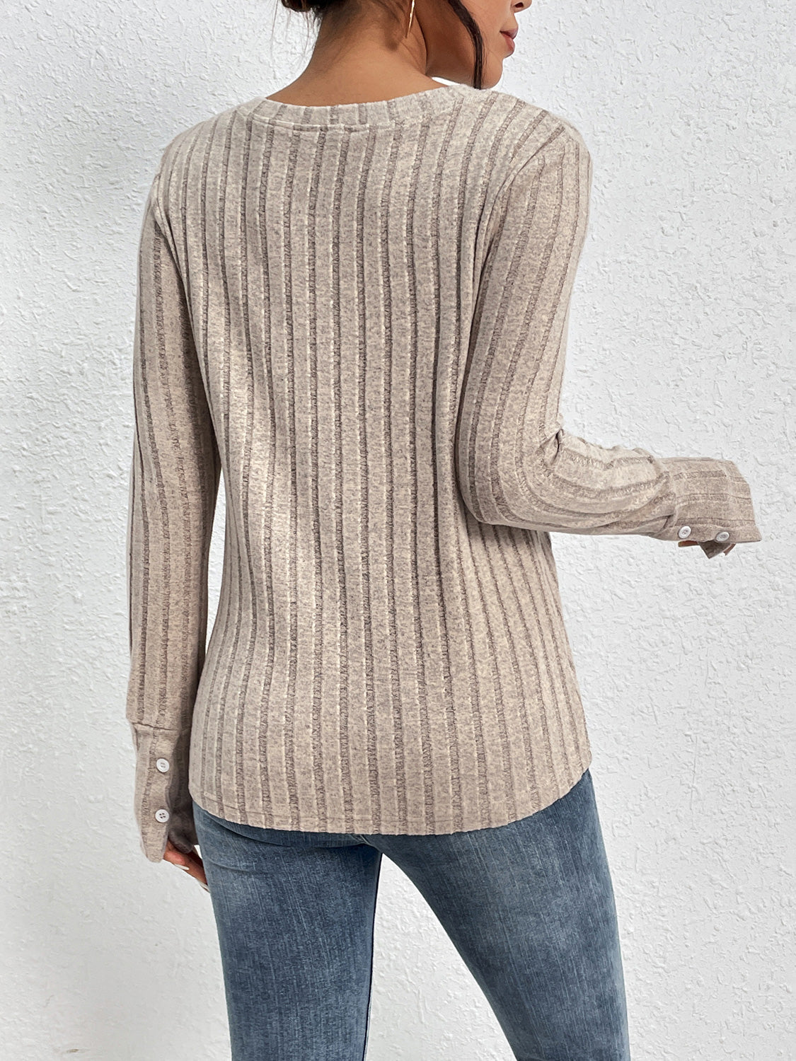 Lace Detail Ribbed V-Neck Long Sleeve Top - Tops & Tees - Shirts & Tops - 2 - 2024