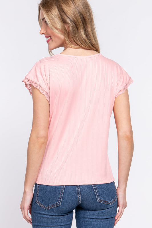Lace Trim V-Neck Short Sleeve Ribbed Top - Tops & Tees - Shirts & Tops - 2 - 2024